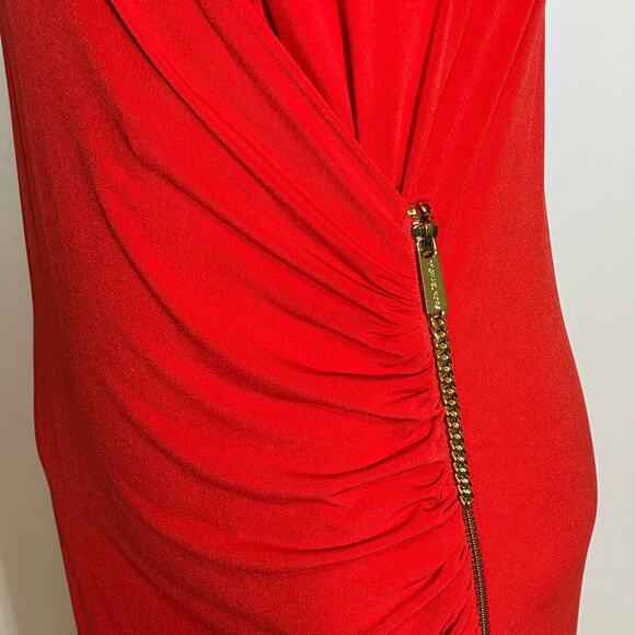 Michael Kors Red Asymmetric Gold Hardware Sleeveless Ruched Dress Womens Large L - Picture 5 of 11